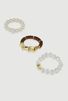 Womens Metallic Charm and Faux Pearl Beaded Stretch Bracelet Trio, Multi