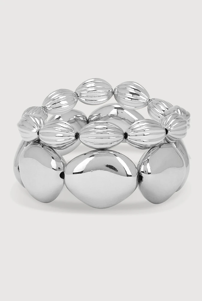 Womens Metallic Beaded Stretch Bracelets Set of 2, Silver