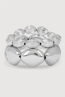 Womens Metallic Beaded Stretch Bracelets Set of 2, Silver