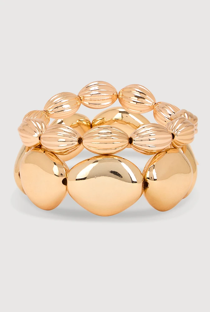 Womens Metallic Beaded Stretch Bracelets Set of 2, Gold