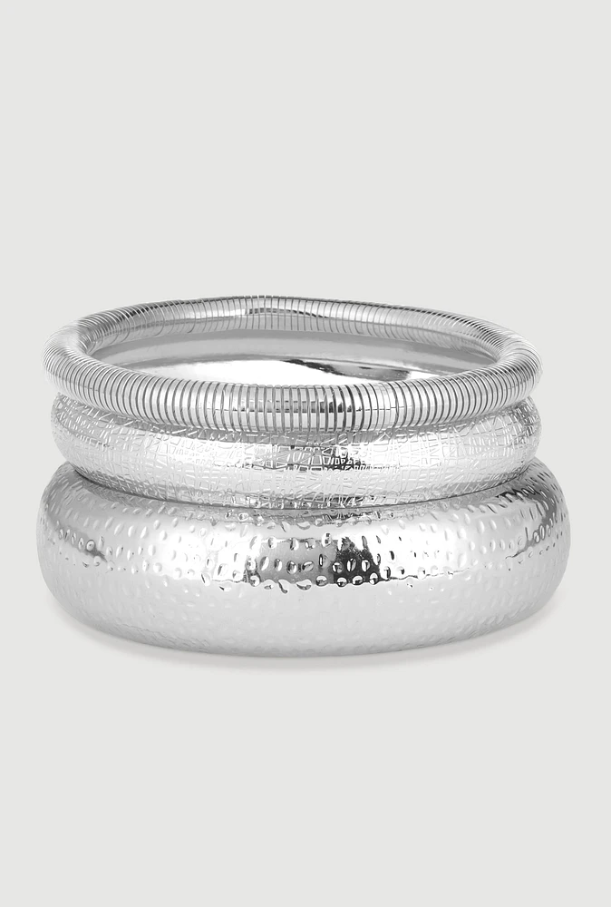 Womens Plus Size Stylish Metallic Set of 3 Jewelry Bracelets, Silver