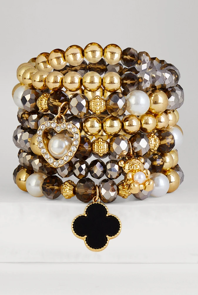 Womens Beaded Charm Stretch Bracelets Set of 6, Multi