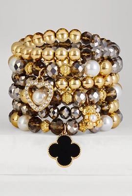 Womens Beaded Charm Stretch Bracelets Set of 6, Multi