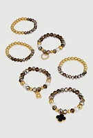 Womens Beaded Charm Stretch Bracelets Set of 6, Multi
