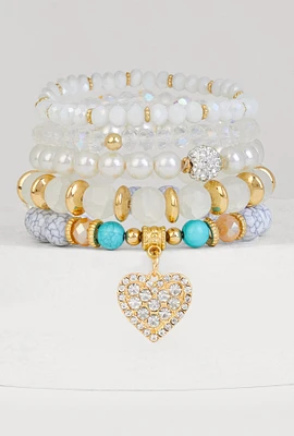 Womens Rhinestone Heart Charm Beaded Stretch Bracelets Set of 5, Multi