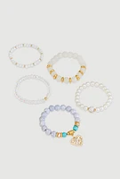 Womens Rhinestone Heart Charm Beaded Stretch Bracelets Set of 5, Multi
