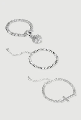 Womens Cubic Zirconia Chain Charm Bracelet Trio, Silver