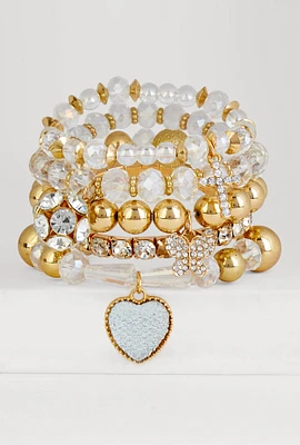 Womens Beaded Rhinestone Charm Bracelets Set of 5, Gold
