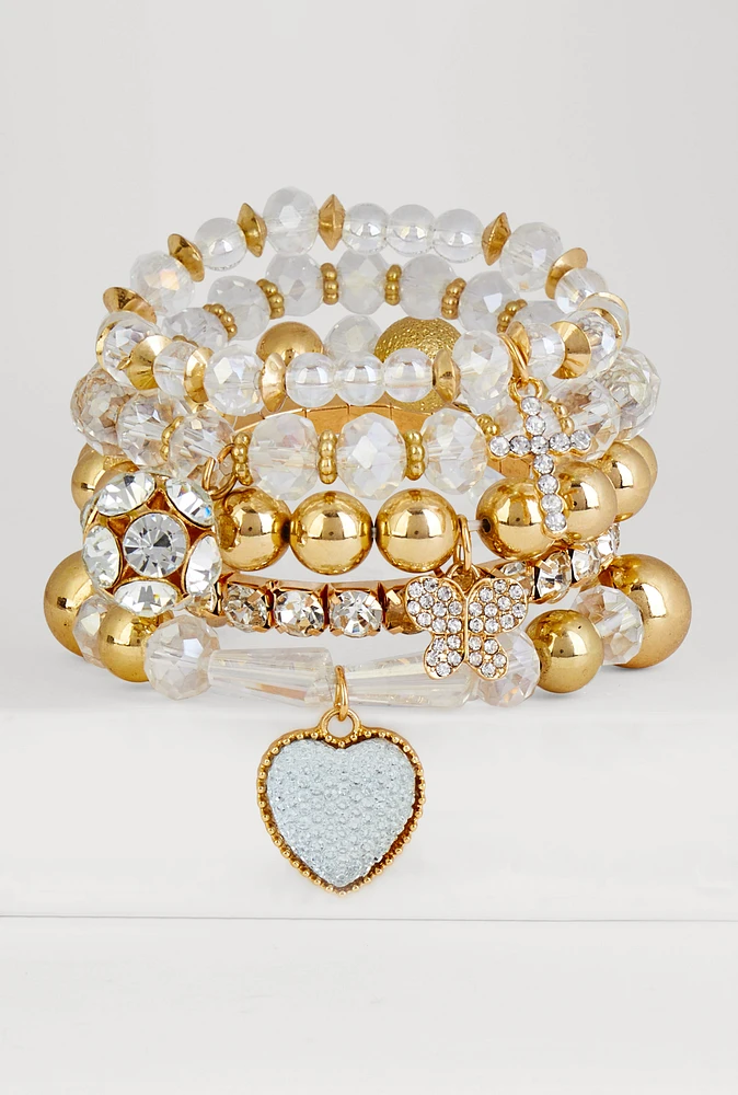 Womens Beaded Rhinestone Charm Bracelets Set of 5, Gold