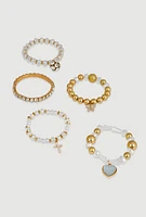 Womens Beaded Rhinestone Charm Bracelets Set of 5, Gold