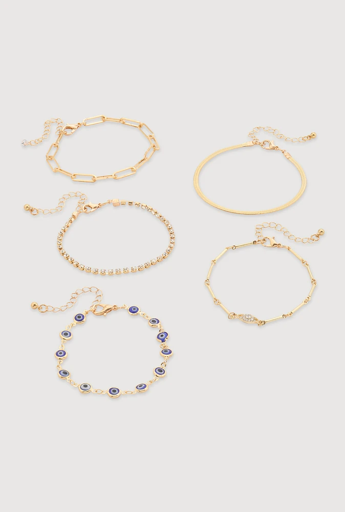 Womens Evil Eye Charm Chain Bracelets Set of 5, Gold