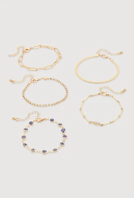 Womens Evil Eye Charm Chain Bracelets Set of 5, Gold