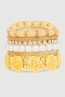 Womens Rose Assorted Faux Pearl Stretch Bracelets Set of 6, Multi