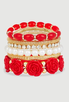 Womens Rose Assorted Faux Pearl Stretch Bracelets Set of 6, Multi