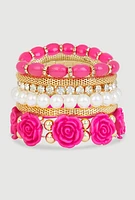Womens Rose Assorted Faux Pearl Stretch Bracelets Set of 6, Multi
