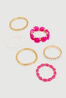 Womens Rose Assorted Faux Pearl Stretch Bracelets Set of 6, Multi