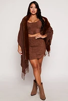 Womens Faux Fur Collar Fringe Ruana, Brown