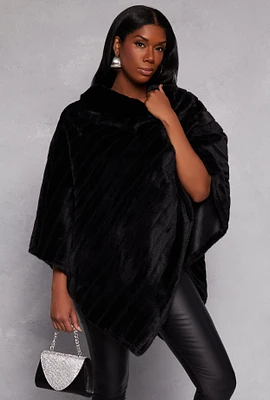 Womens Faux Fur Funnel Neck Poncho, Black