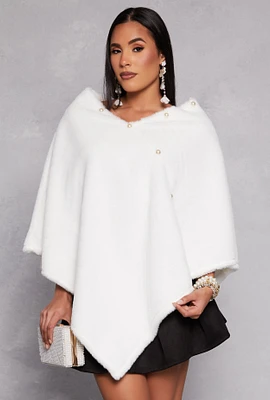 Womens Faux Pearl Trim Poncho, White