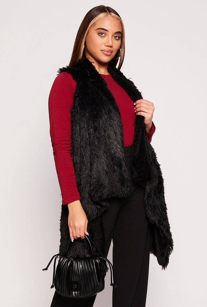 Womens Faux Fur Reversible Sleeveless Poncho, Black