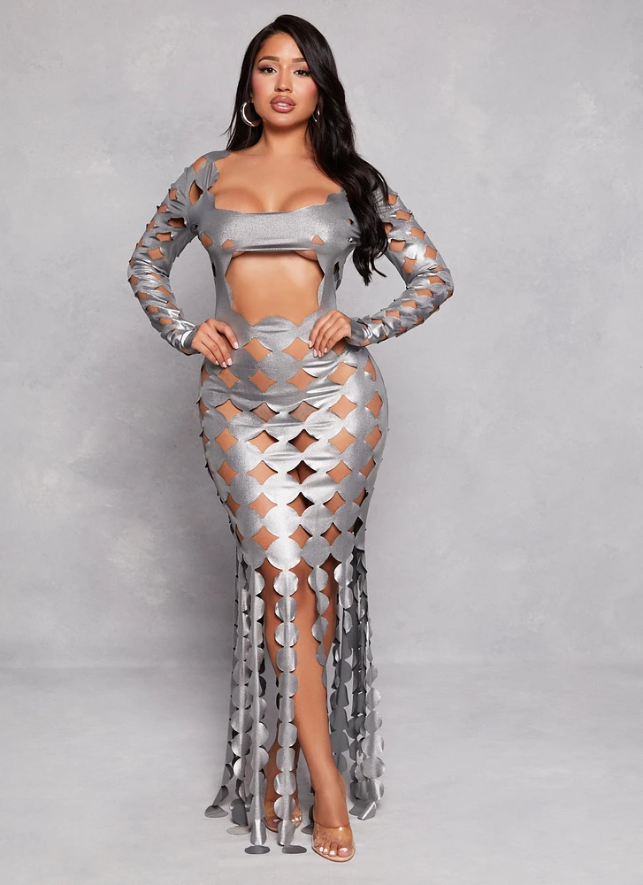 Womens Metallic Cut Out Fringe Maxi Dress, Grey, Size S