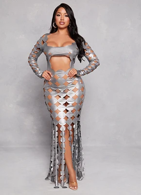 Womens Metallic Cut Out Fringe Maxi Dress, Grey, Size S