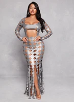Womens Metallic Cut Out Fringe Maxi Dress, Grey, Size S