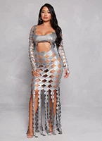 Womens Metallic Cut Out Fringe Maxi Dress, Grey, Size S