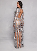 Womens Metallic Cut Out Fringe Maxi Dress, Grey, Size S