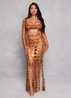Womens Metallic Cut Out Fringe Maxi Dress, Brown, Size S