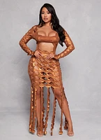 Womens Metallic Cut Out Fringe Maxi Dress, Brown, Size S
