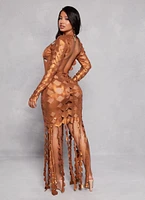 Womens Metallic Cut Out Fringe Maxi Dress, Brown, Size S