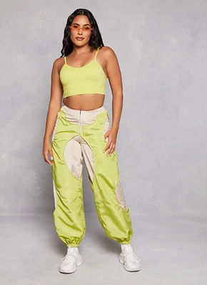 Womens Color Block Zip Front Parachute Joggers, Green, Size S