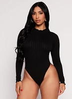 Womens Seamless Mock Neck Long Sleeve Bodysuit, Black, Size M