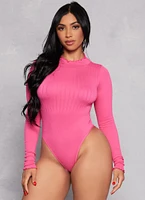 Womens Seamless Mock Neck Long Sleeve Bodysuit, Pink, Size S
