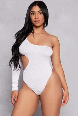 Womens Seamless Cut Out One Shoulder Long Sleeve Bodysuit, White, Size M