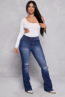 Womens Seamless Cut Out One Shoulder Long Sleeve Bodysuit, White, Size M