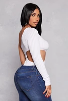 Womens Seamless Cut Out One Shoulder Long Sleeve Bodysuit, White, Size M