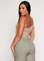 Womens Seamless Cut Out One Shoulder Long Sleeve Bodysuit, S