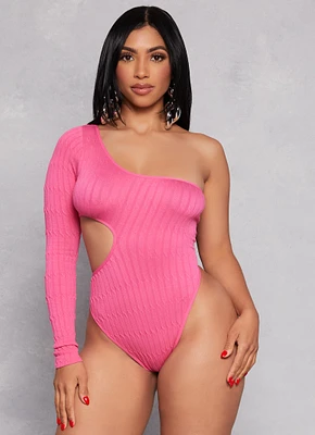 Womens Seamless Cut Out One Shoulder Long Sleeve Bodysuit, Pink, Size S