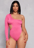 Womens Seamless Cut Out One Shoulder Long Sleeve Bodysuit, Pink, Size S
