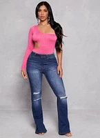 Womens Seamless Cut Out One Shoulder Long Sleeve Bodysuit, Pink, Size S