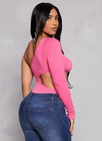 Womens Seamless Cut Out One Shoulder Long Sleeve Bodysuit, Pink, Size S