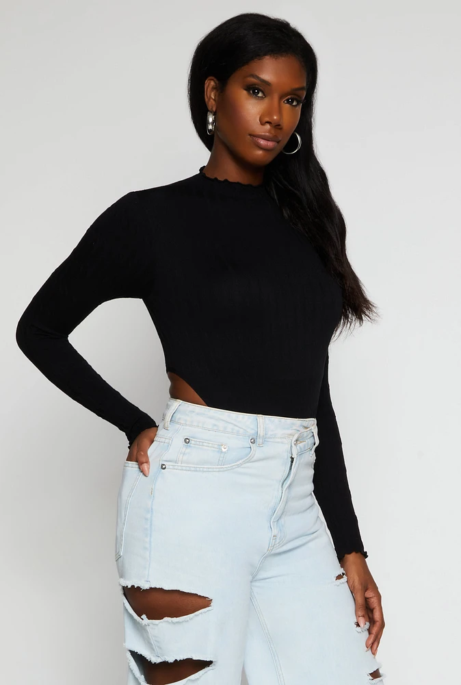 Womens Seamless Cable Knit High Cut Bodysuit, Black, Size S