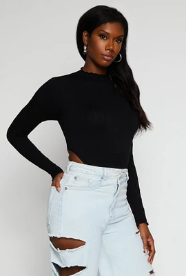 Womens Seamless Cable Knit High Cut Bodysuit, Black, Size S