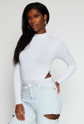 Womens Seamless Cable Knit High Cut Bodysuit, White, Size L