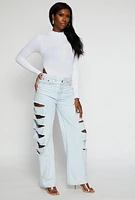 Womens Seamless Cable Knit High Cut Bodysuit, White, Size L