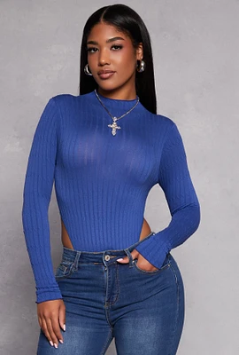 Womens Seamless Cable Knit High Cut Bodysuit, Blue, Size S