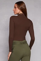 Womens Turtleneck Long Sleeve Bodysuit, Brown, Size S