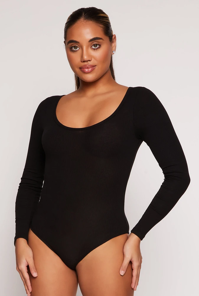 Womens Ribbed Knit Scoop Neck Long Sleeve Bodysuit, Black, Size M